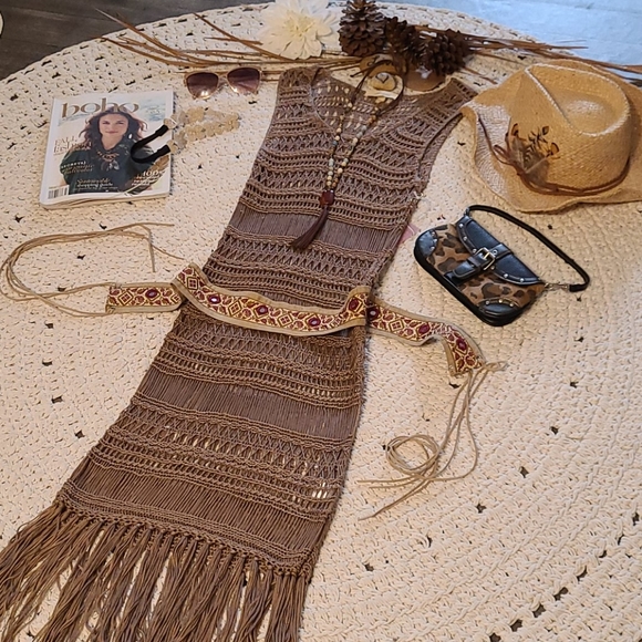 NWT BO HO CROCHET BEIGE UNIQUE LONG DRESS COVERUP - Picture 7 of 16